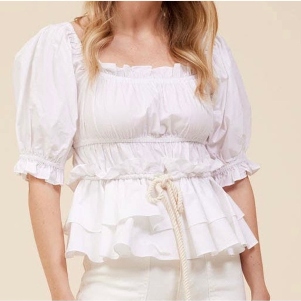 Moodie Puff Sleeve Poplin Top Cinched Waist